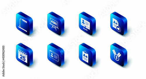 Set Chalkboard, Online class, Exam sheet with A plus grade, Medal, Calendar and Table lamp icon. Vector