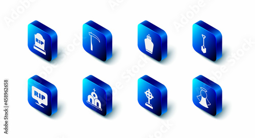 Set Scythe, Funeral urn, Shovel, Angel, Grave with cross, Church building, Speech bubble rip death and Tombstone RIP written icon. Vector