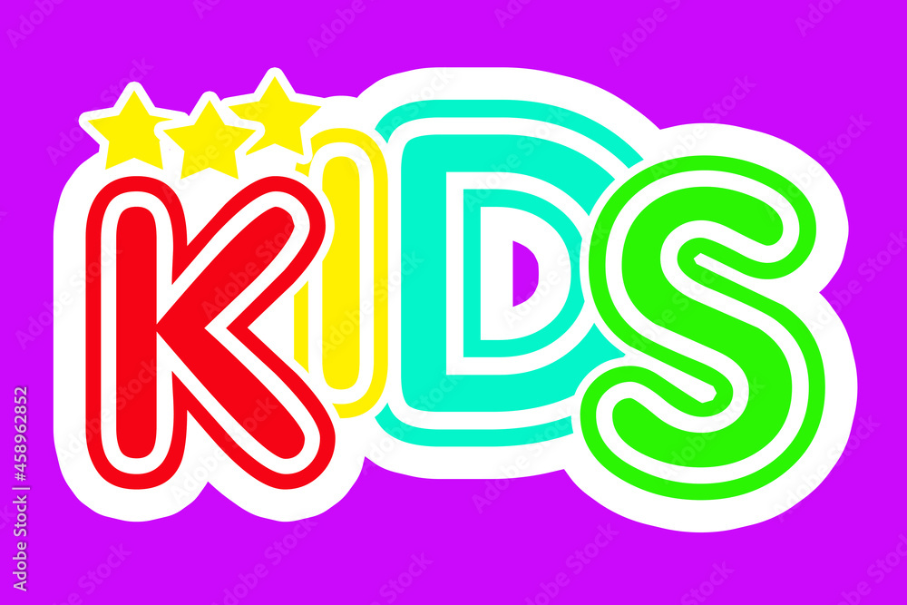 sticker on a purple background, the word kids are multicolored sticker on a purple background, the word kids are multicolored