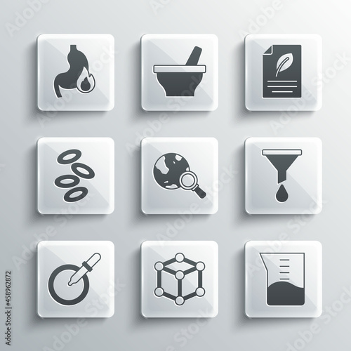 Set Molecule, Laboratory glassware or beaker, Funnel filter, Magnifying with globe, Petri dish pipette, Hemoglobin, Stomach heartburn and Eco paper leaf icon. Vector