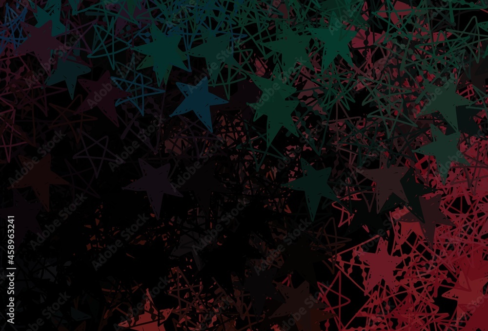 Dark Green, Red vector background with beautiful snowflakes, stars.