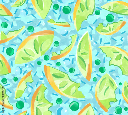 Cute lemon seamless watercolour pattern. Cartoon summer fresh fruit slice  sliced lime. Lemonade repeat texture for wallpaper  background  tropical fabric design print. Hand draws illustration