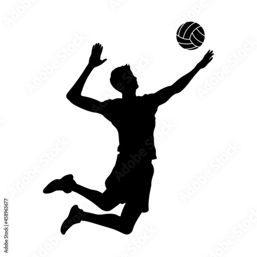 Volleyball player black silhouette. Isolated jumping man with ball. Sport icon. Active game shape. Athletic boy clipart