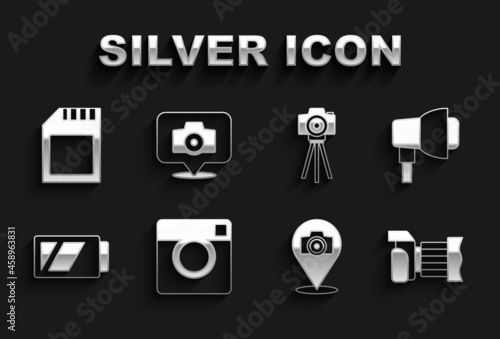 Set Photo camera, Softbox light, Battery for, SD card and icon. Vector
