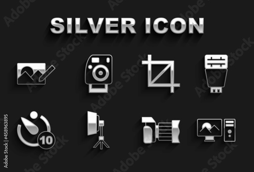 Set Softbox light, Photo camera flash, retouching, Camera timer, Picture crop photo, and icon. Vector