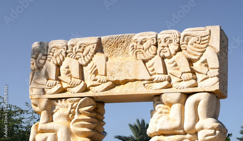 18.09.2021 Tel-Aviv Jaffo Israel: The Gate of Faith A large statue in park Abrasha, made of Galilee stone, sculpted by the sculptor Daniel Kafri