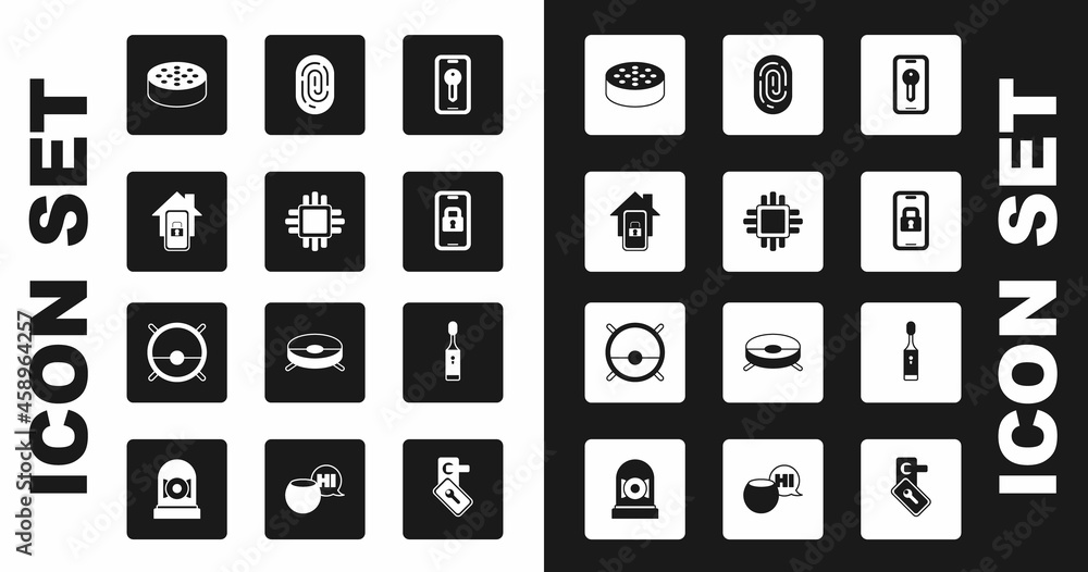 Set Smart key, Processor with CPU, Mobile smart home, Water sensor, Digital door lock, Fingerprint, Electric toothbrush and Robot vacuum cleaner icon. Vector Set Smart key, Processor with CPU, Mobile smart home, Water sensor, Digital door lock, Fingerprint, Electric toothbrush and Robot vacuum cleaner icon. Vector