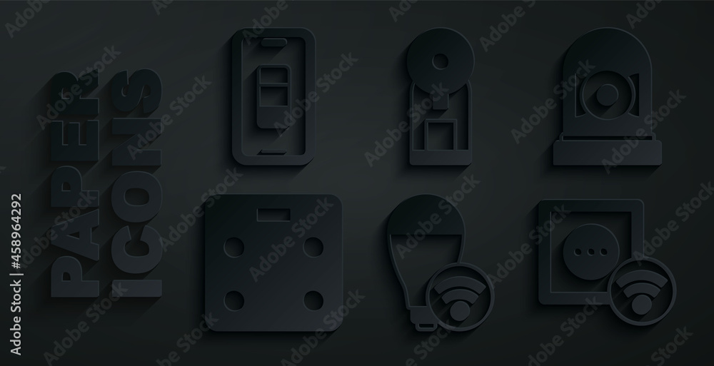 Set Smart light bulb, Ringing alarm bell, bathroom scales, electrical outlet, coffee machine and Smartphone battery charge icon. Vector Set Smart light bulb, Ringing alarm bell, bathroom scales, electrical outlet, coffee machine and Smartphone battery charge icon. Vector