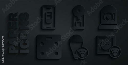Set Smart light bulb, Ringing alarm bell, bathroom scales, electrical outlet, coffee machine and Smartphone battery charge icon. Vector