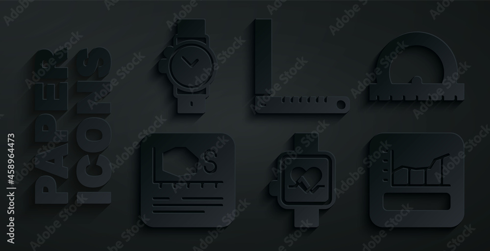 Set Smart watch, Protractor, Area measurement, Graph, schedule, chart, diagram, Corner ruler and Wrist icon. Vector Set Smart watch, Protractor, Area measurement, Graph, schedule, chart, diagram, Corner ruler and Wrist icon. Vector
