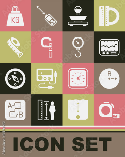 Set Roulette construction, Radius, Measuring instrument, Scales, Micrometer, tape, Weight and Hand scale spring mechanical icon. Vector