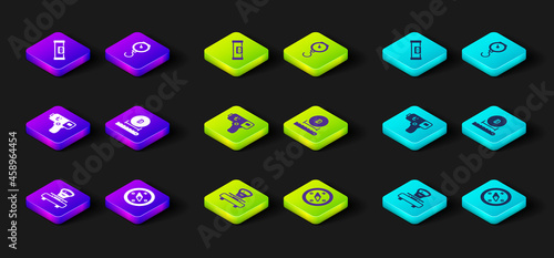 Set Scales, Compass, Digital thermometer, Diameter, Hand scale spring mechanical and Construction bubble level icon. Vector