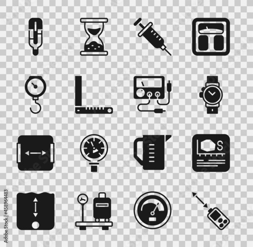 Set Laser distance measurer, Area measurement, Wrist watch, Syringe, Corner ruler, Hand scale spring mechanical, Medical thermometer and Multimeter, voltmeter icon. Vector