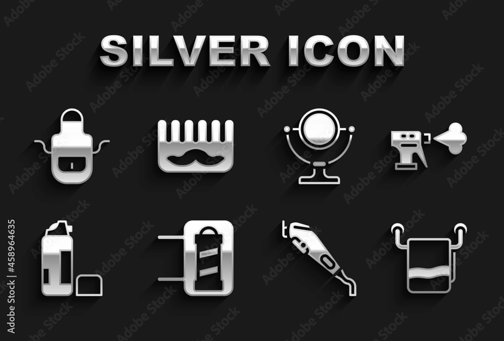 Set Barber shop pole, Hairdresser pistol spray bottle, Towel on hanger, Electrical hair clipper, Shaving gel foam, Round makeup mirror, apron and Hairbrush icon. Vector Set Barber shop pole, Hairdresser pistol spray bottle, Towel on hanger, Electrical hair clipper, Shaving gel foam, Round makeup mirror, apron and Hairbrush icon. Vector