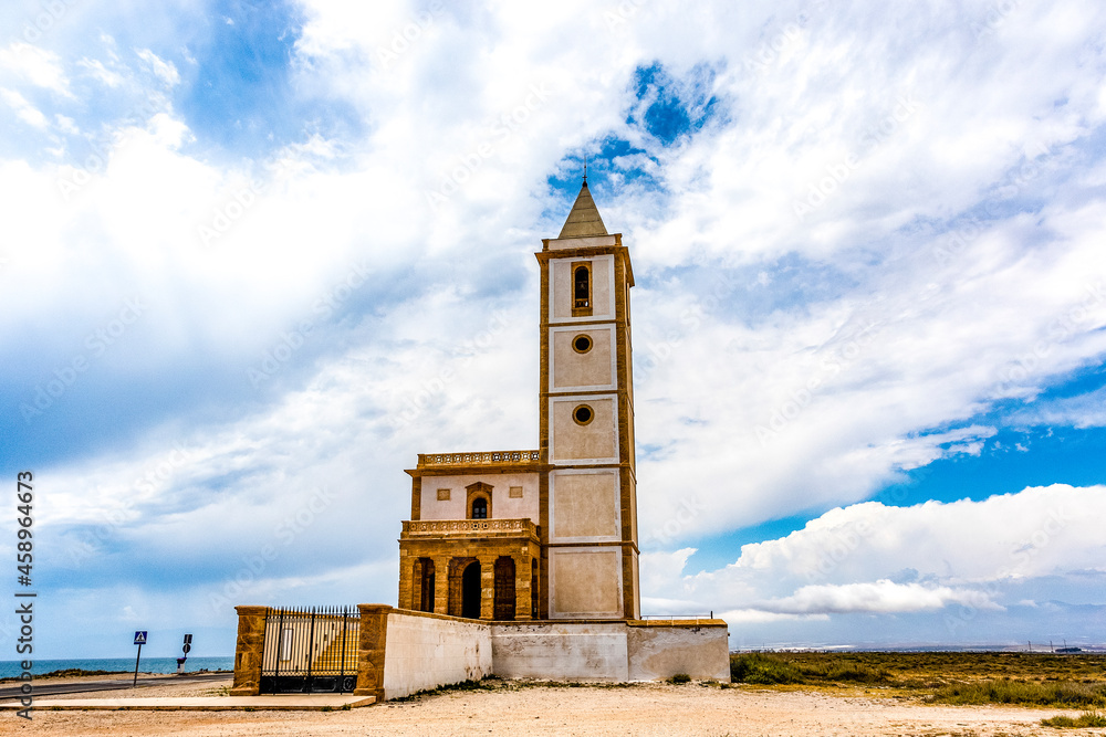 Exterior of the church of the Almadraba at the salt flats of Cabo de Gata in Andalusia, Spain