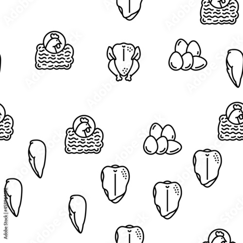 Chicken Animal Farm Raw Meat Food Vector Seamless Pattern Thin Line Illustration