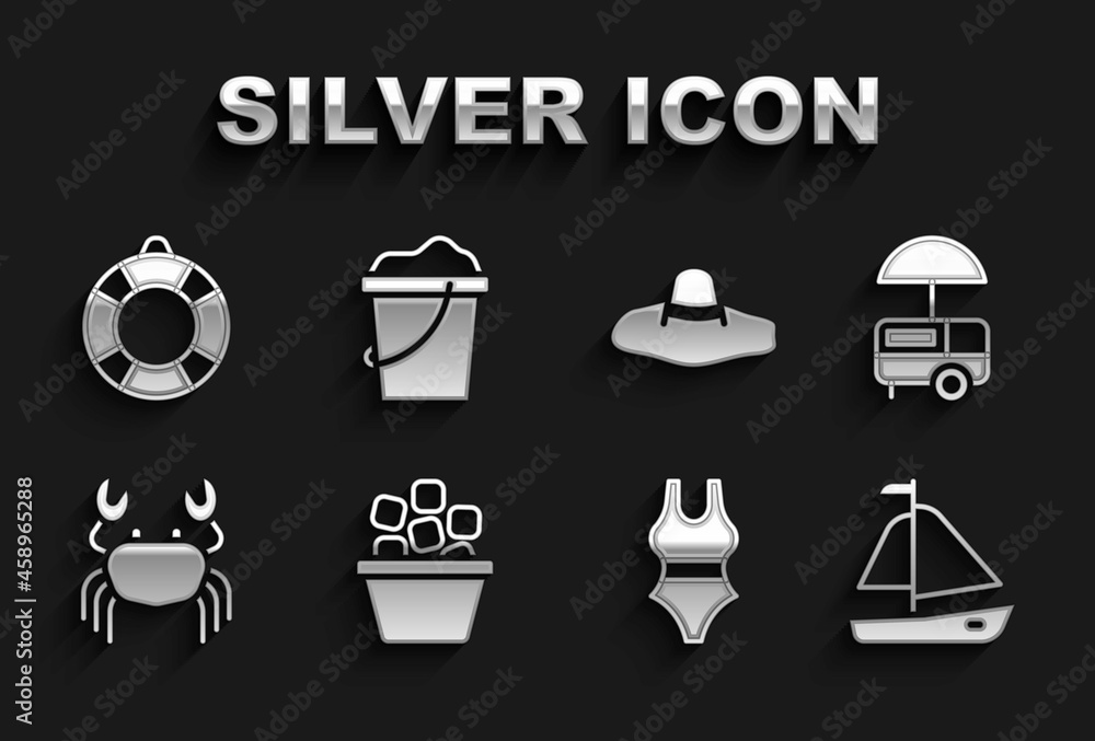Set Ice bucket, Fast street food cart, Yacht sailboat, Swimsuit, Crab, Elegant women hat, Lifebuoy and Sand in icon. Vector Set Ice bucket, Fast street food cart, Yacht sailboat, Swimsuit, Crab, Elegant women hat, Lifebuoy and Sand in icon. Vector