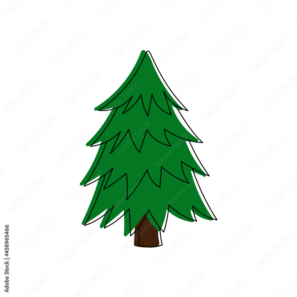 Fototapeta premium Green Christmas tree. Pine tree. Line art. Doodle style. 
