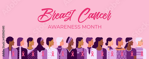 Breast cancer awareness month. Pink October web banner. Cancer prevention and women support vector medical concept. Group of women of diverse age, races and occupation wearing pink ribbons for breast 