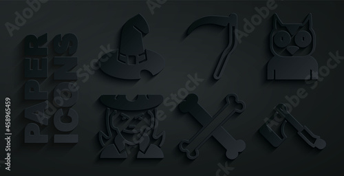Set Crossed bones, Owl bird, Witch, Wooden axe, Scythe and hat icon. Vector