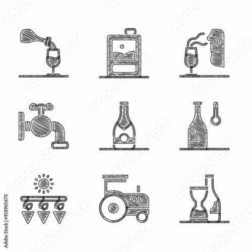 Set Champagne bottle, Tractor, Bottle of wine, Wine temperature, Drying grapes, Tap for barrel, Sommelier and tasting, degustation icon. Vector