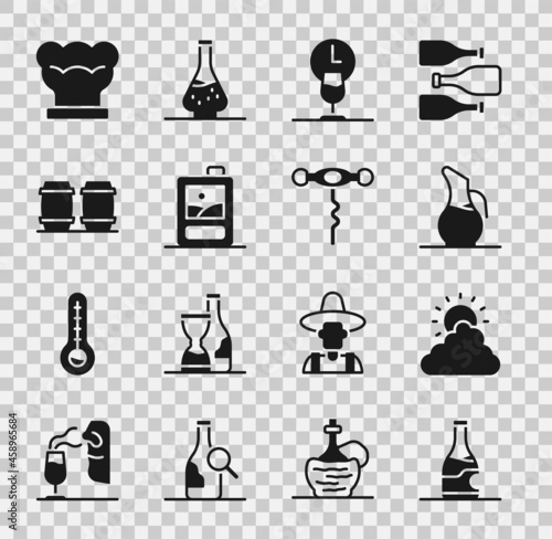 Set Bottle of wine, Sun and cloud weather, Decanter for, Wine time, Cardboard box, Wooden barrel, Chef hat and corkscrew icon. Vector