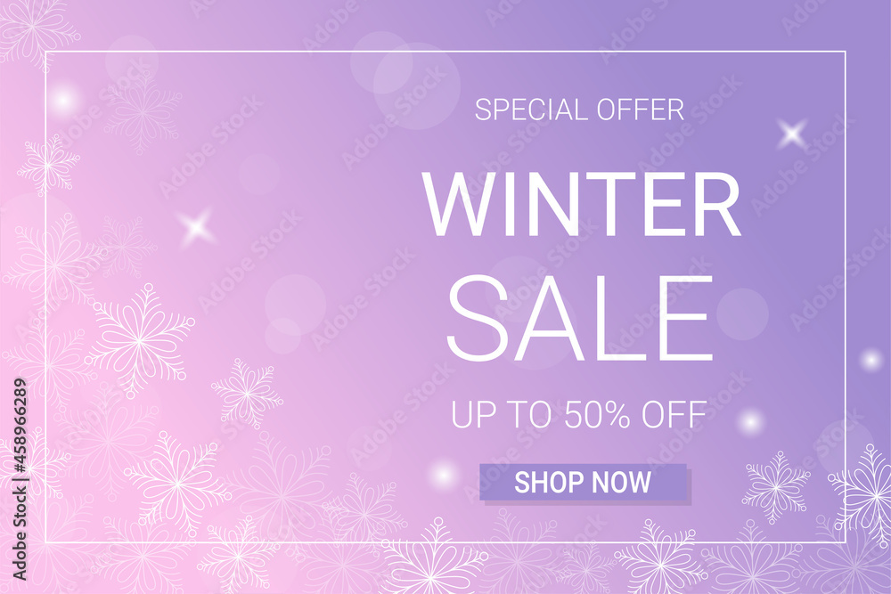 Winter sale horizontal banner template. Discount text on pink and purple gradient background with snowflakes and frame 