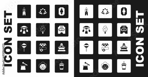 Set Circus ticket, Cotton candy, Attraction carousel, Juggling ball, Boat swing and Lollipop icon. Vector