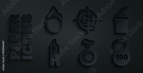 Set Unicycle or one wheel bicycle, Paper glass with water, Circus ticket, Weight, Target sport and fire hoop icon. Vector