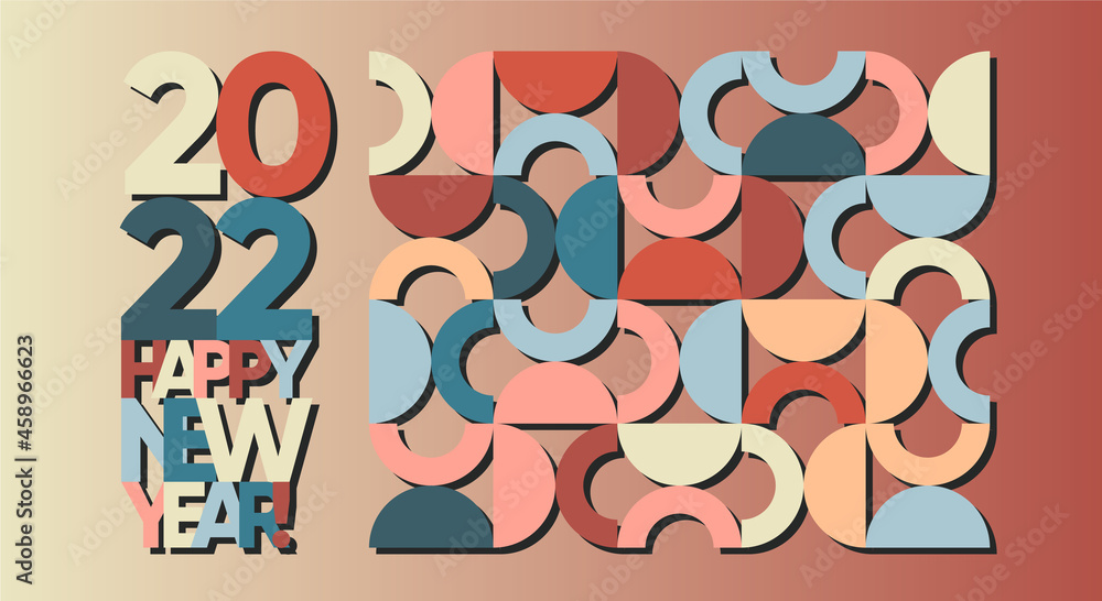 Happy New Year 2022 web banner design, poster or banner, in vintage geometric style. 2022 avant garde geometric logo. 2022 number design template. Vector abstract geometric 2022 red blue poster. Happy New Year 2022 web banner design, poster or banner, in vintage geometric style. 2022 avant garde geometric logo. 2022 number design template. Vector abstract geometric 2022 red blue poster.