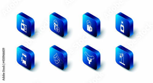 Set Glass of beer, Wooden mug, Beer bottle, tap, Sausage on the fork, Hop, and and can icon. Vector