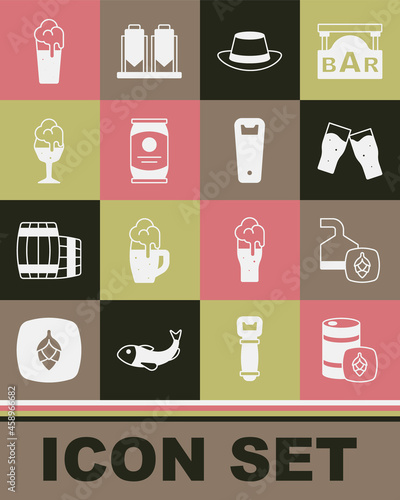 Set Metal beer keg  Beer brewing process  Glass of  Oktoberfest hat  can  and Bottle opener icon. Vector