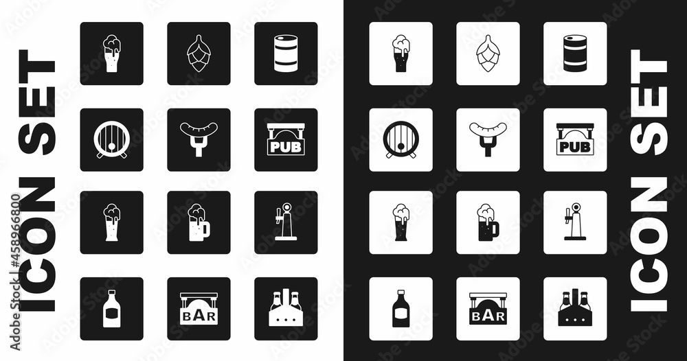 Set Metal beer keg, Sausage on the fork, Wooden barrel, Glass of, Street signboard with Pub, Hop, Beer tap and icon. Vector Set Metal beer keg, Sausage on the fork, Wooden barrel, Glass of, Street signboard with Pub, Hop, Beer tap and icon. Vector