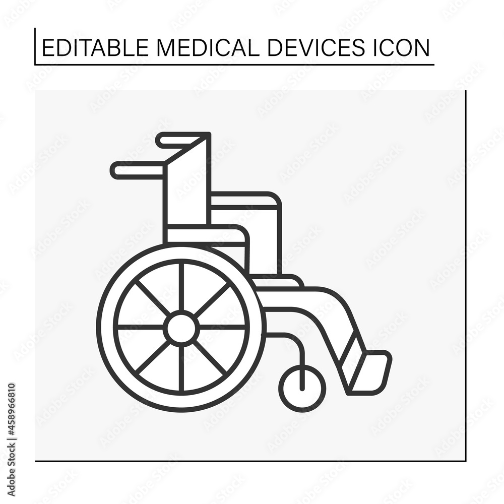  Wheelchair line icon. Chair with wheels for transport illness. Disability.Medical devices concept. Isolated vector illustration. Editable stroke
