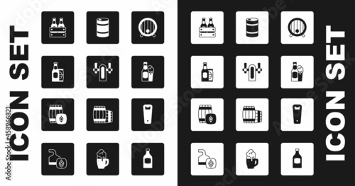 Set Wooden barrel, Beer tap, bottle and beer can, Pack of bottles, glass, Metal keg, Bottle opener and icon. Vector