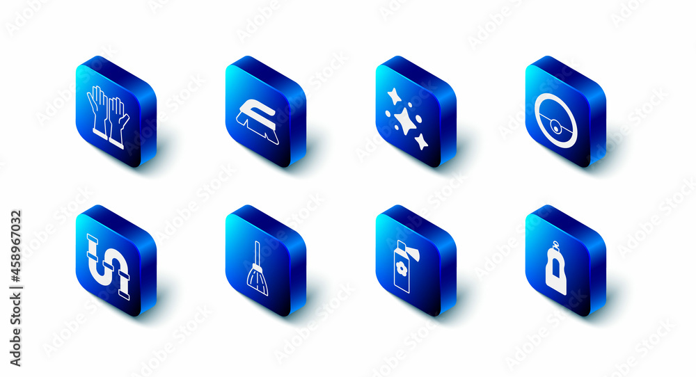 Set Brush for cleaning, Home service, Robot vacuum cleaner, Dishwashing liquid bottle, Air freshener spray, Handle broom, Industry metallic pipe and Rubber gloves icon. Vector