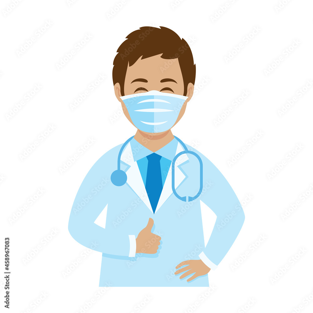 Happy man doctor wearing medical mask on face and with thumb up icon vector. Young cheerful physician man vector icon isolated on a white background Happy man doctor wearing medical mask on face and with thumb up icon vector. Young cheerful physician man vector icon isolated on a white background