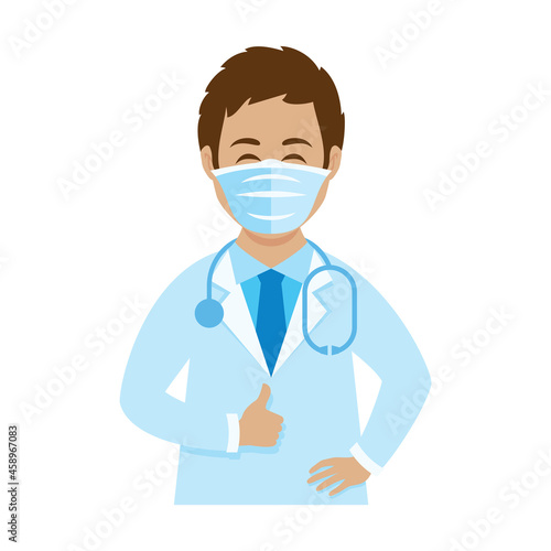Happy man doctor wearing medical mask on face and with thumb up icon vector. Young cheerful physician man vector icon isolated on a white background