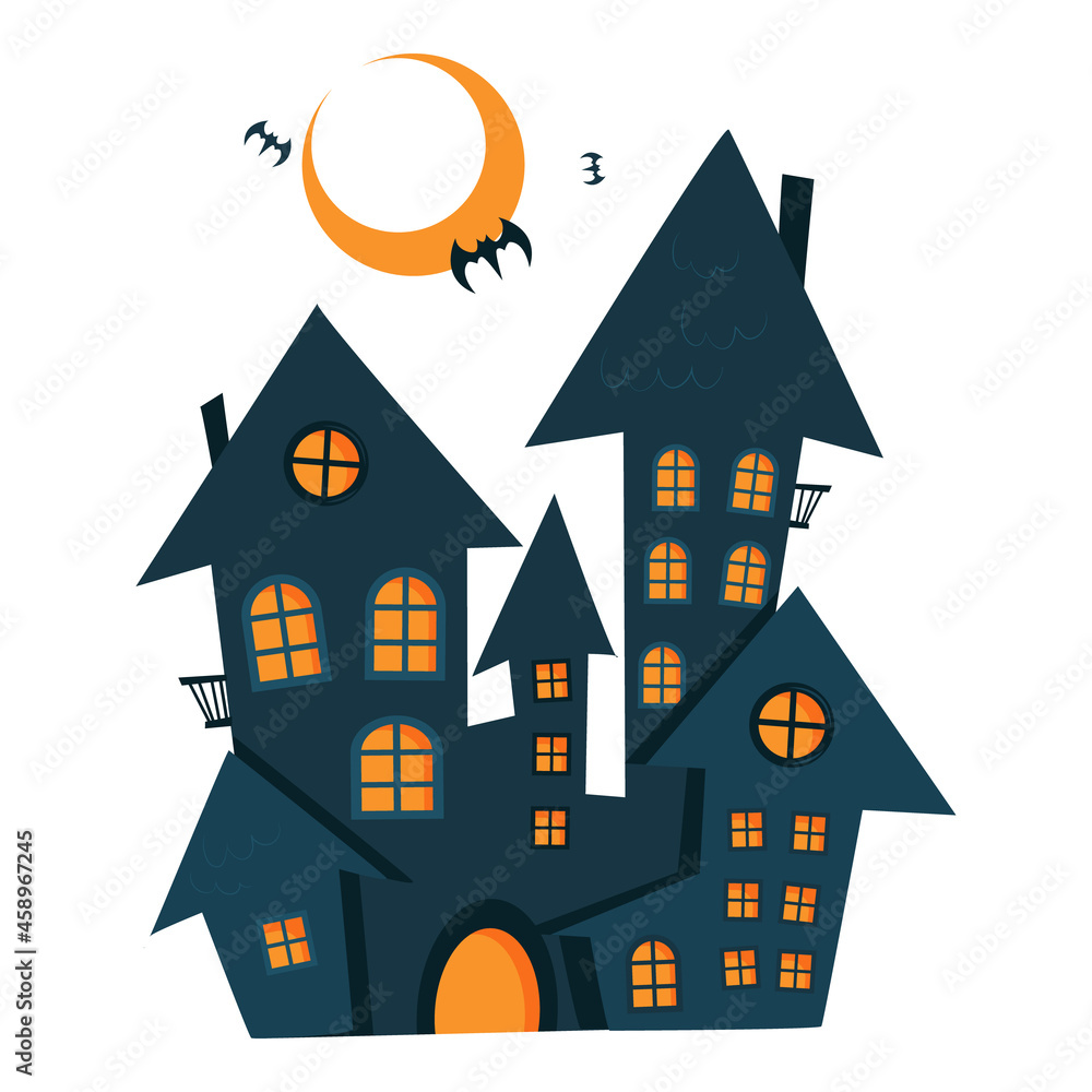 Halloween haunted house. Vector silhouette of a scary old house. Mystical spooky house. Halloween black castle. Witch's house in flat style isolated on white background