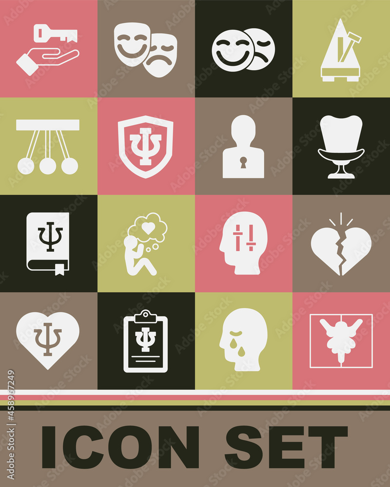 Set Rorschach test, Broken heart divorce, Armchair, Comedy and tragedy masks, Psychology, Psi, Pendulum, Solution to the problem and icon. Vector Set Rorschach test, Broken heart divorce, Armchair, Comedy and tragedy masks, Psychology, Psi, Pendulum, Solution to the problem and icon. Vector