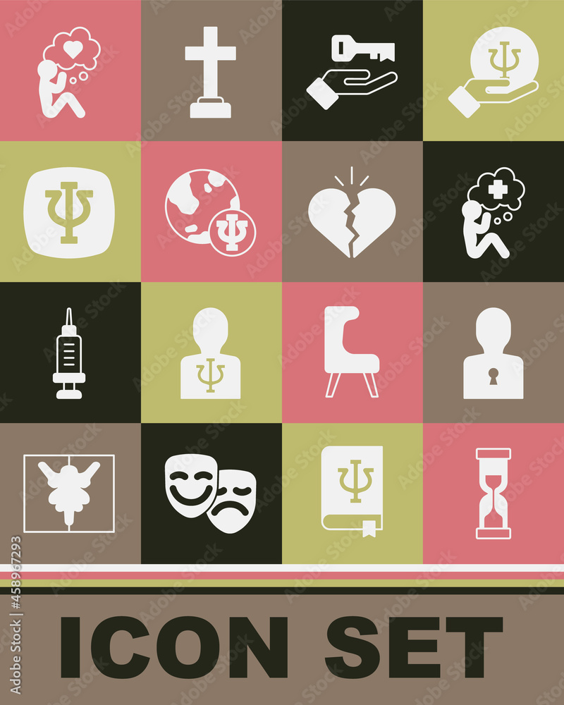 Set Old hourglass, Solution to the problem, Helping hand, Psychology, Psi, Head with heart and Broken or divorce icon. Vector Set Old hourglass, Solution to the problem, Helping hand, Psychology, Psi, Head with heart and Broken or divorce icon. Vector