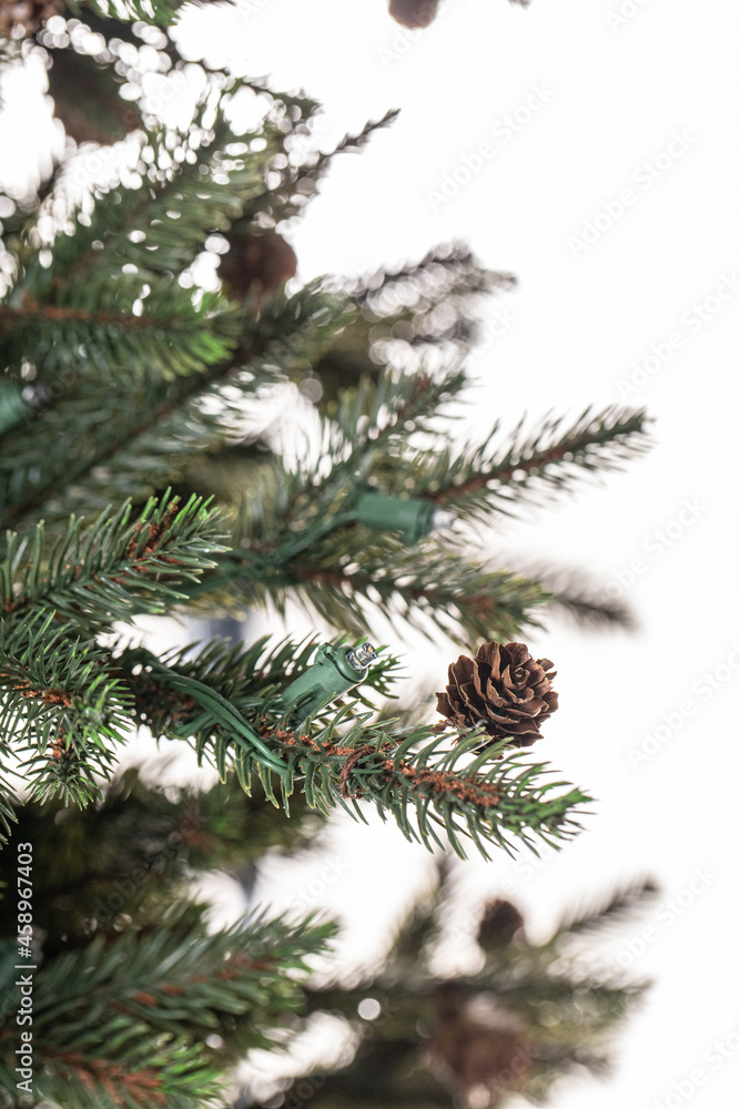 branches of a Christmas tree with cones and garlands branches of a Christmas tree with cones and garlands