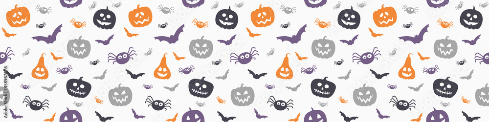 Funny Halloween banner with pumpkins, bats and spiders. Seamless pattern. Vector Funny Halloween banner with pumpkins, bats and spiders. Seamless pattern. Vector