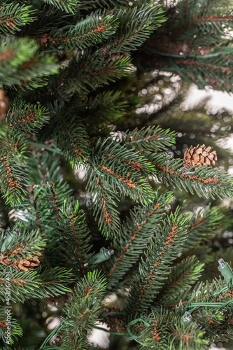 branches of a Christmas tree with cones and garlands