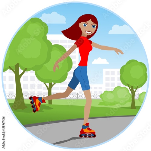 Smiling young woman on roller skates. Vector illustration.
