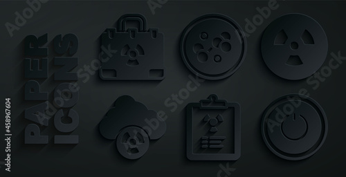 Set Radiation warning document, Radioactive, Acid rain and radioactive cloud, Power button, Molecule and nuclear suitcase icon. Vector