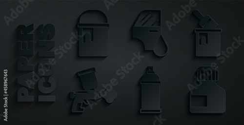 Set Paint spray can, bucket with brush, gun, Paint, gouache, jar, dye, Car painting and icon. Vector