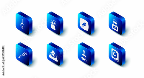 Set Magic hat, stone, Bottle with potion, Tarot cards, Sword in the, All-seeing eye of God, staff and icon. Vector