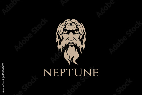 Vintage Greek Old Man Face God Zeus Triton Neptune Philosopher with Beard and Mustache Logo Design Vector