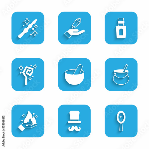 Set Witch cauldron, Magician, hand mirror, Hand holding fire, staff, Bottle with potion and wand icon. Vector